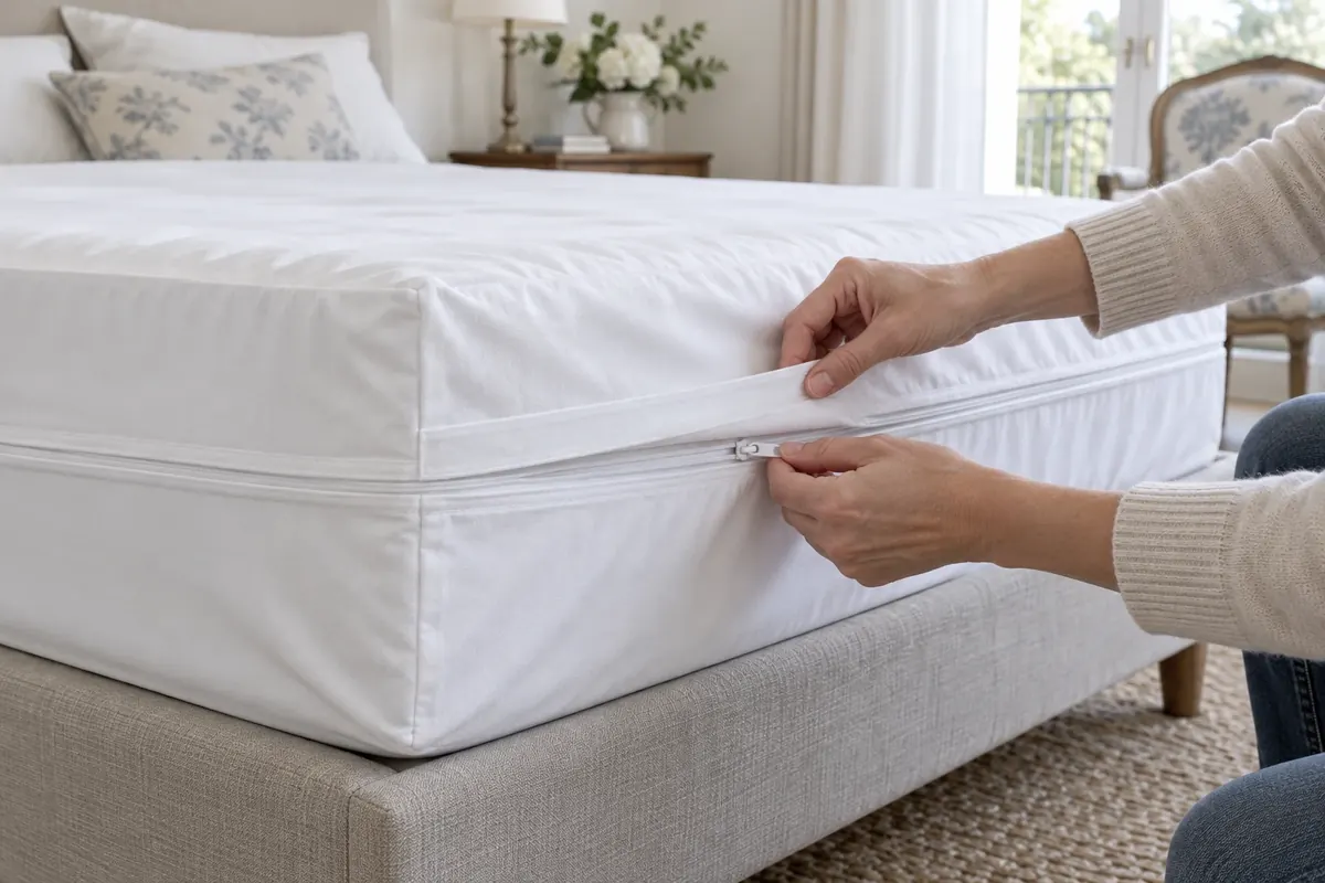 Contrôle de la fermeture d’une housse intégrale Mains vérifiant le zip d’une housse blanche enveloppant un matelas