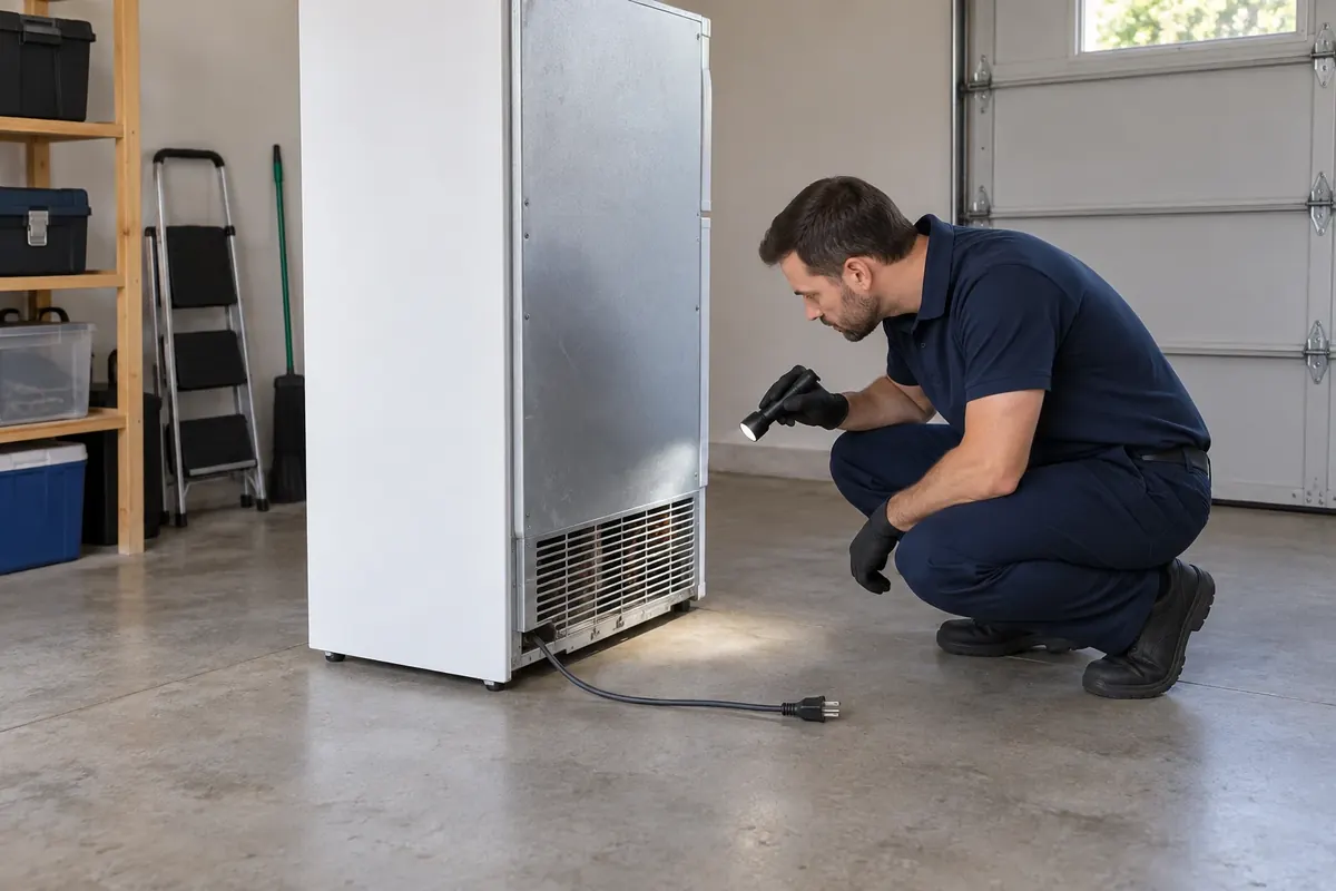 Technicien examinant à la lampe la grille arrière d’un réfrigérateur débranché