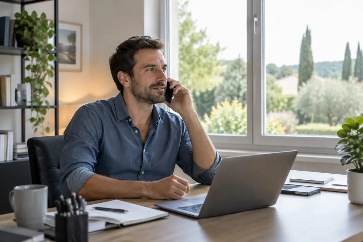 Décrire les accès au professionnel Adulte fictif téléphone à son bureau devant une fenêtre fermée donnant sur un jardin lointain.