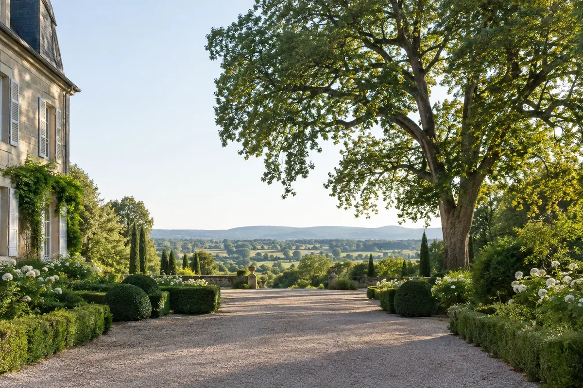 Évaluer l’environnement du nid Grand arbre vu depuis une allée de jardin français, vue très large, aucune personne.