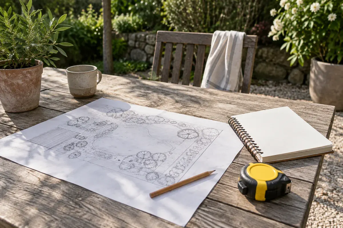 Préparer la visite technique Plan simple d’un jardin tracé au crayon sur une table, carnet vierge, mètre ruban fermé.