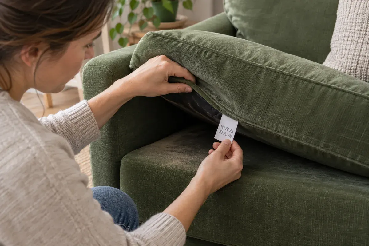 Une personne regarde une étiquette sous le coussin d’un canapé vert.
