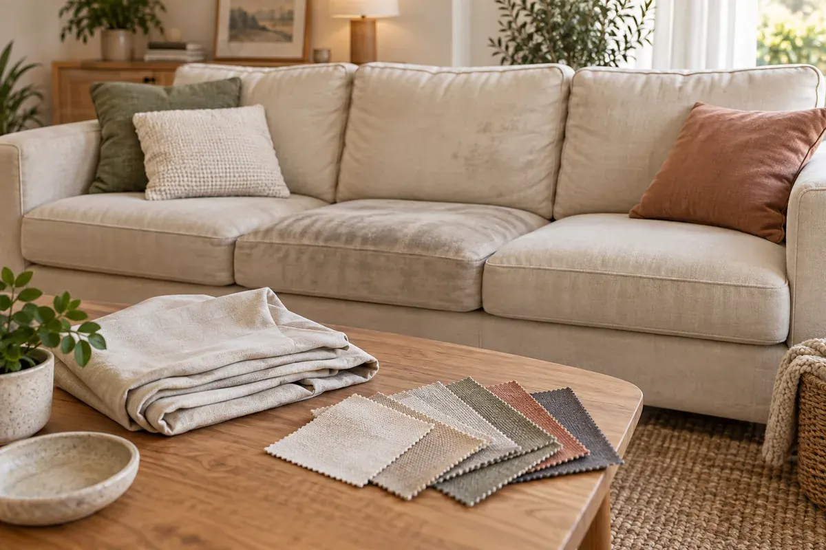 Une housse pliée et des échantillons de tissu devant un canapé beige.