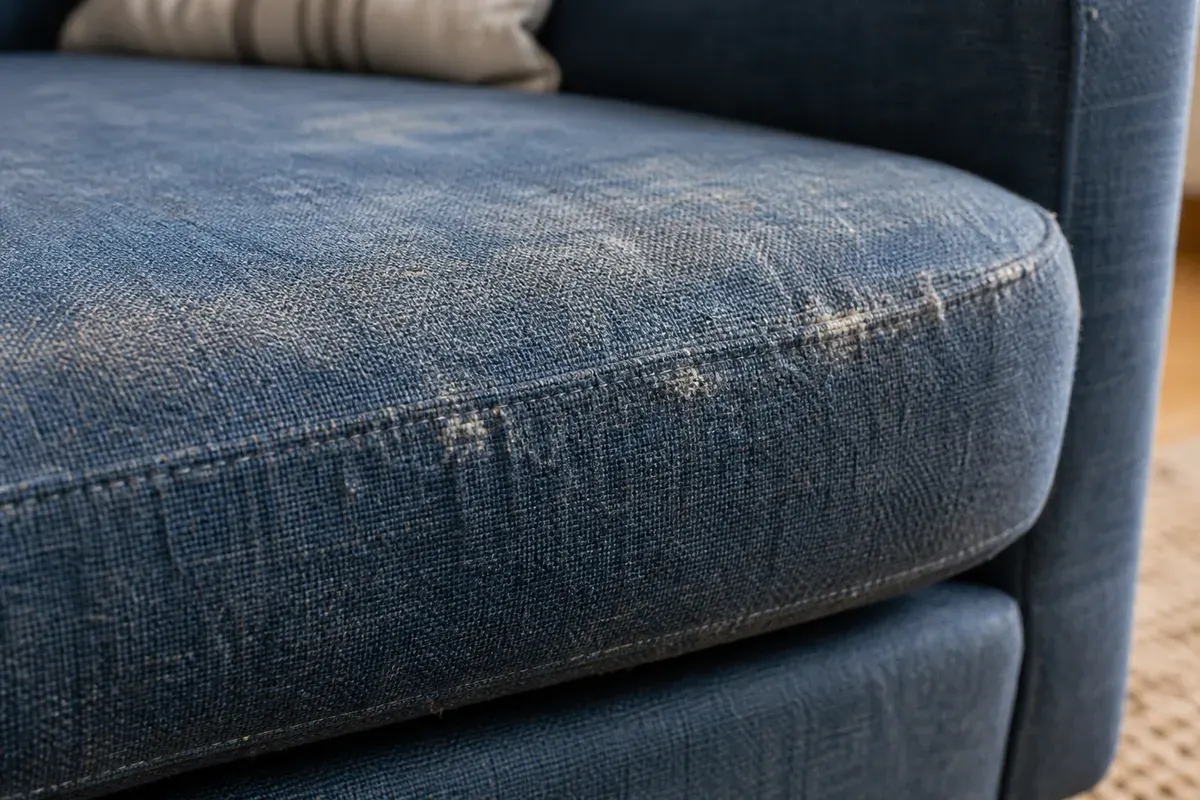 Les fibres d’une assise bleue montrent une abrasion localisée.