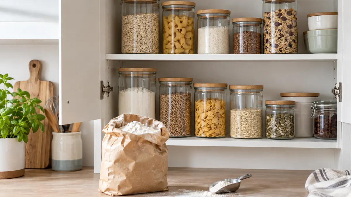 Illustration : bocaux fermés et sac de farine dans un placard alimentaire