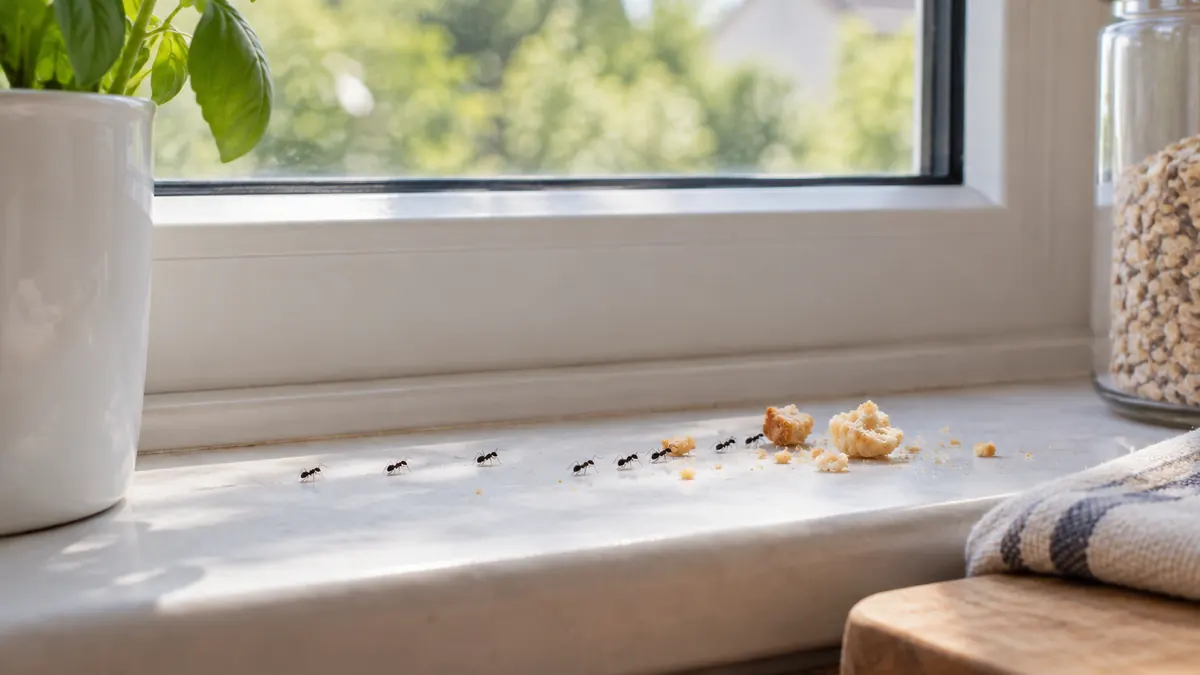 Illustration : fourmis près de miettes sur le rebord d’une fenêtre de cuisine