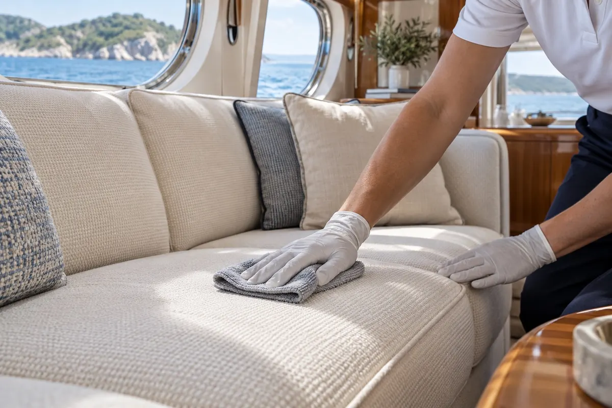 Entretien d’une assise de yacht Main gantée passant une microfibre sur une assise en tissu — illustration IA