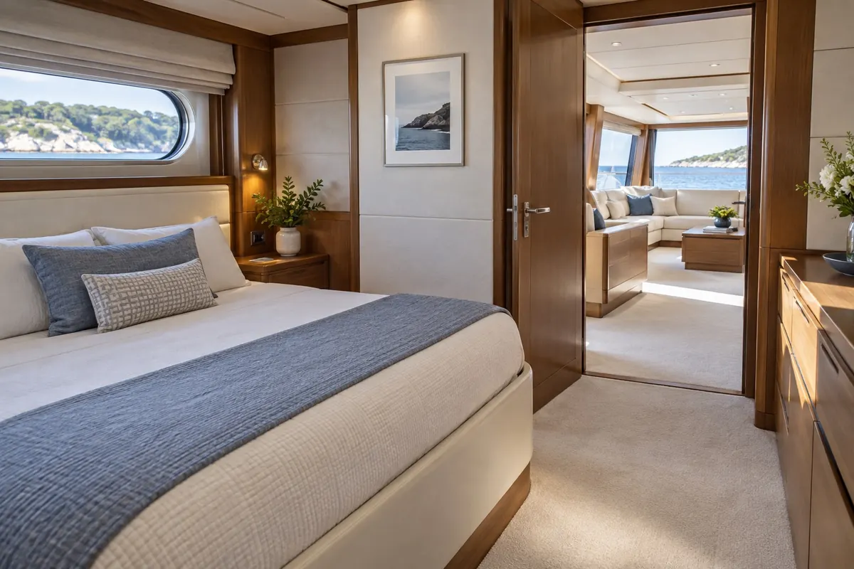 Cabine prête pour le contrôle de fin de nettoyage Cabine rangée et passage vers le salon d’un yacht — illustration IA