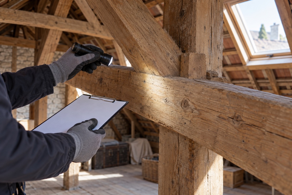 Illustration d’une inspection visuelle d’une charpente en bois avec lampe et fiche de relevé